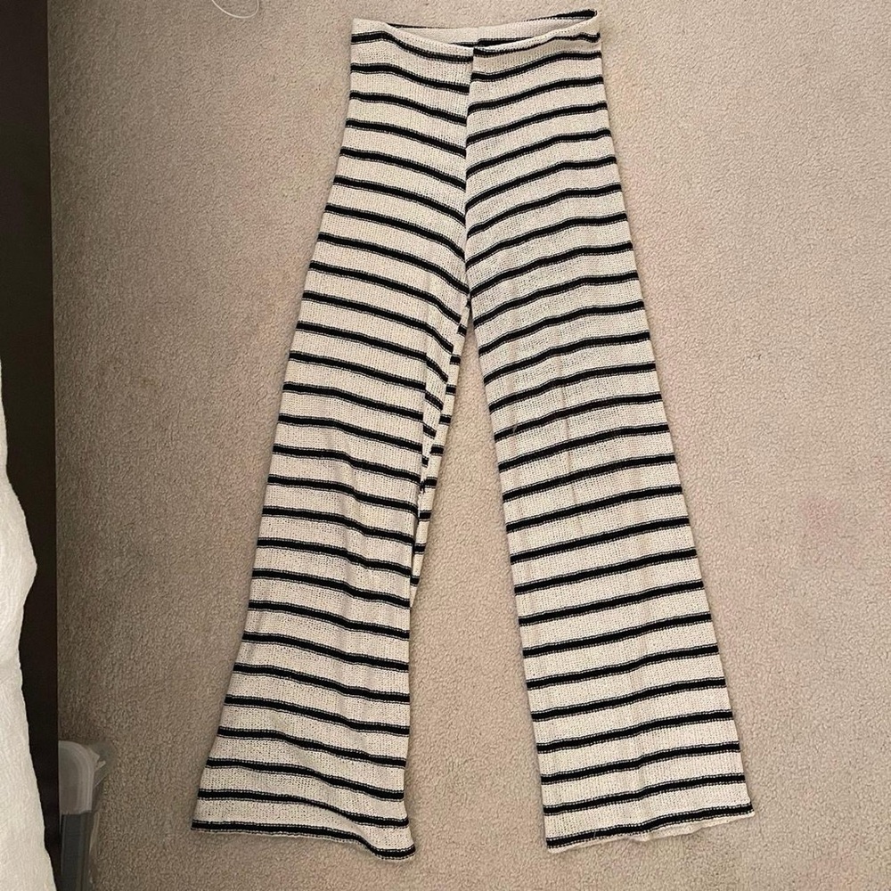 Zara Cream and Black Striped Wide-Leg Pants